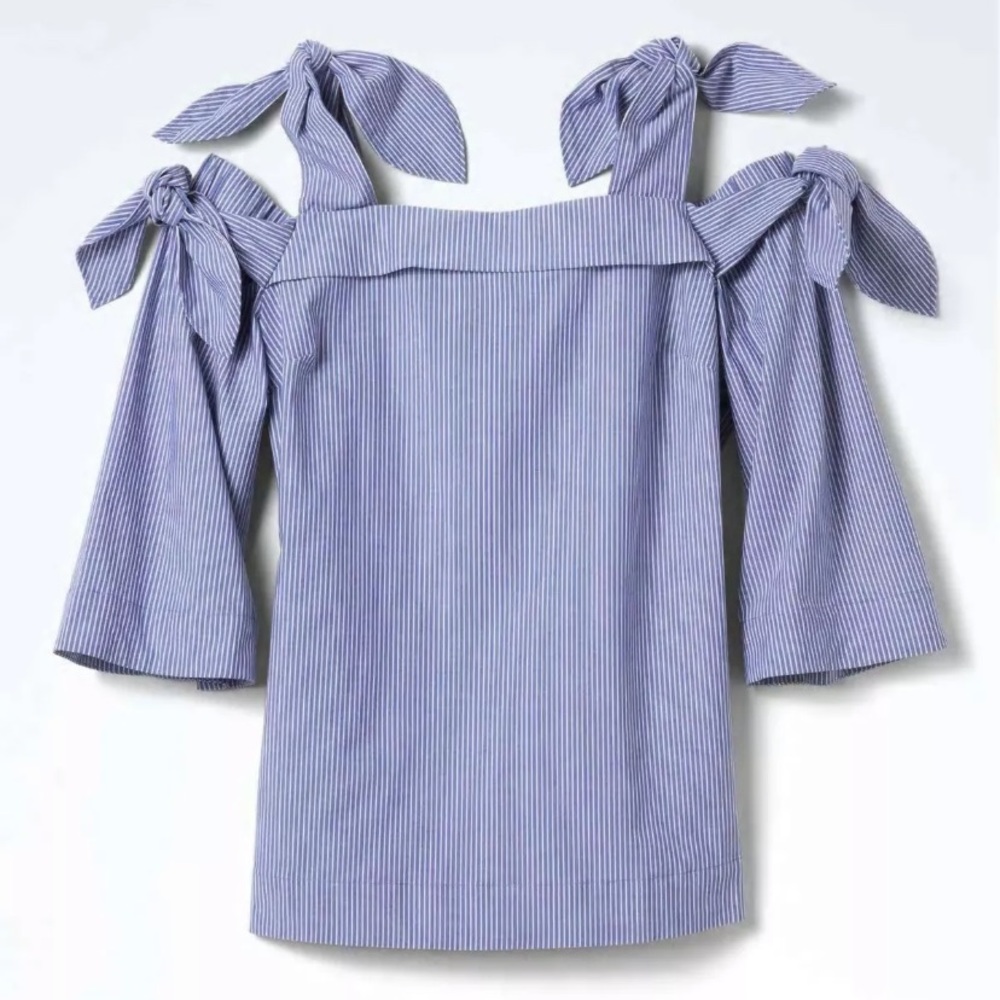 Banana Republic Double Bow Cold Shoulder Striped Top Blue White Coquette Stripe - Picture 2 of 13